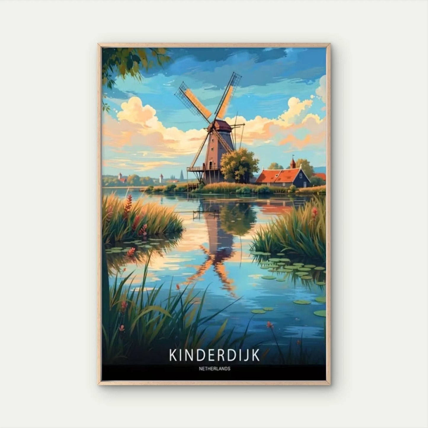 Kinderdijk Netherlands Greenery & Reflective Travel Poster Print Wall Art