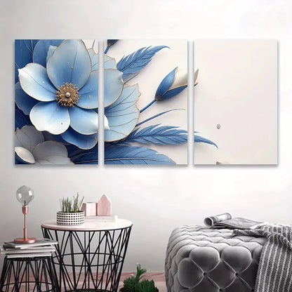 3pcs Blue Abstract Flowers Painting Wall Art Set Canvas Framed 60x90cm - High Quality Print 100% Australian Made Wall Canvas Ready to Hang