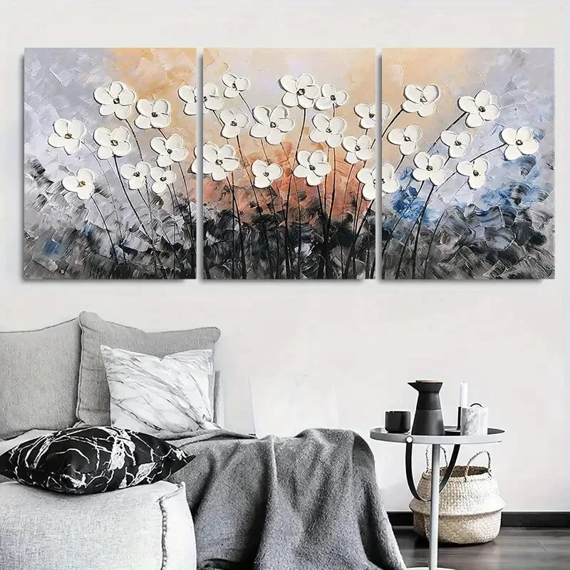 3pcs White Accent Floral Modern Textured Metal Print Ready to Hang Art