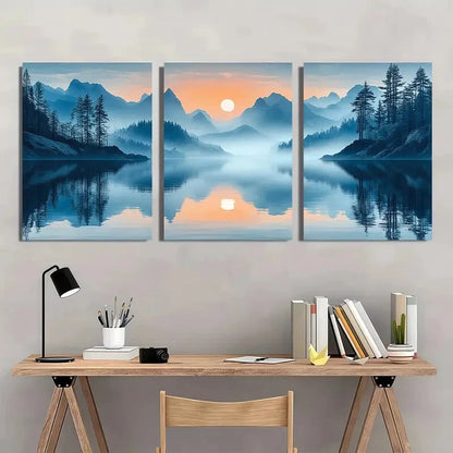3pcs Serene Landscape with Snow-Capped Peaks Metal Print Ready to Hang Art