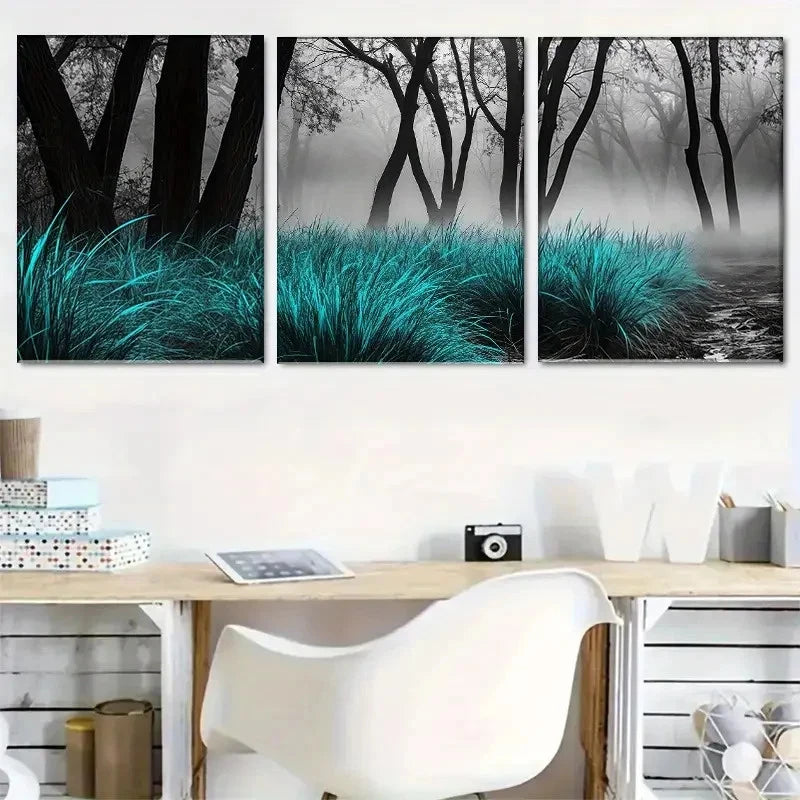 3pcs Enchanting Foggy Forest & Lush Greenery Scene Metal Print Ready to Hang Art