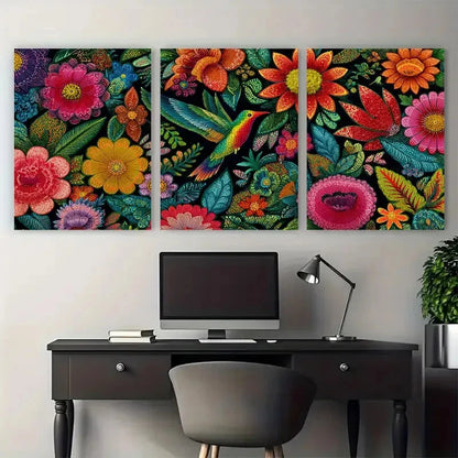 3pcs Angel Falls Venezuela Vintage Floral Design Wall Art Set Canvas Framed 60x90cm - High Quality Print 100% Australian Made Wall Canvas Ready to Hang