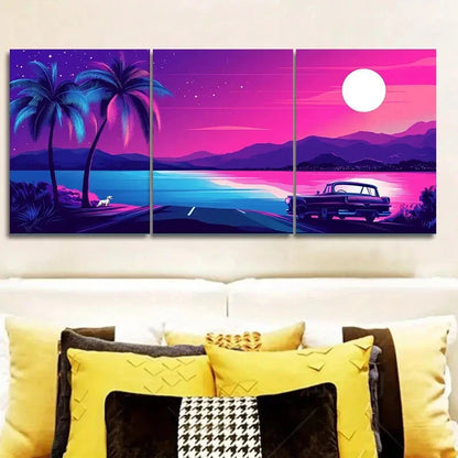 3pcs Vibrant Miami Beach Sunset with Palm Trees  Metal Print Ready to Hang Art