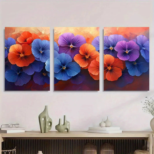 3pcs Orange and Purple Flowers in Bloom Metal Print Ready to Hang Art