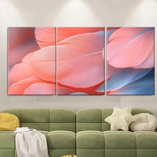 3pcs Ethereal Coral Pink Feather Metal Print Ready to Hang Art