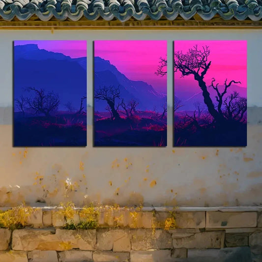 3pcs Vibrant Purple Forest Scene with Twilight Sky Metal Print Ready to Hang Art