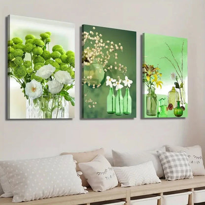 3pcs Emerald Green Bottle Plant Flower Perfect Wall Art Set Canvas Framed 40x60cm - High Quality Print 100% Australian Made Wall Canvas Ready to Hang