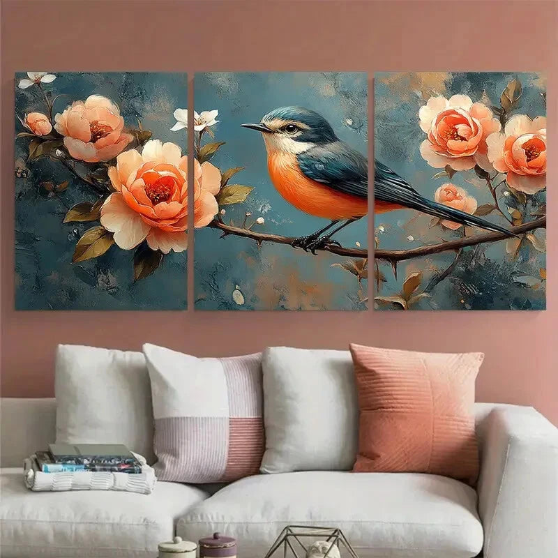 3pcs Peonies Jasmine Roses Birds Florals Metal Print Ready to Hang Art