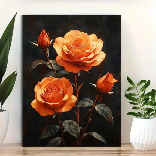 Beautiful Orange Roses & Green Leaves Painting 40x60cm Metal Print Ready to Hang