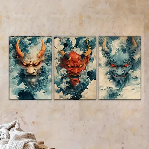 3pcs Two Demons with Horns Wall Art Set Canvas Unframed - High Quality Print 100% Australian Made Wall Canvas