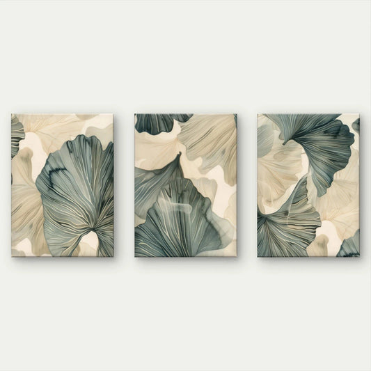 3pcs Modern Neutral Blue and Grey Leaves Wall Art Set Canvas Framed 60x90cm - High Quality Print 100% Australian Made Wall Canvas Ready to Hang