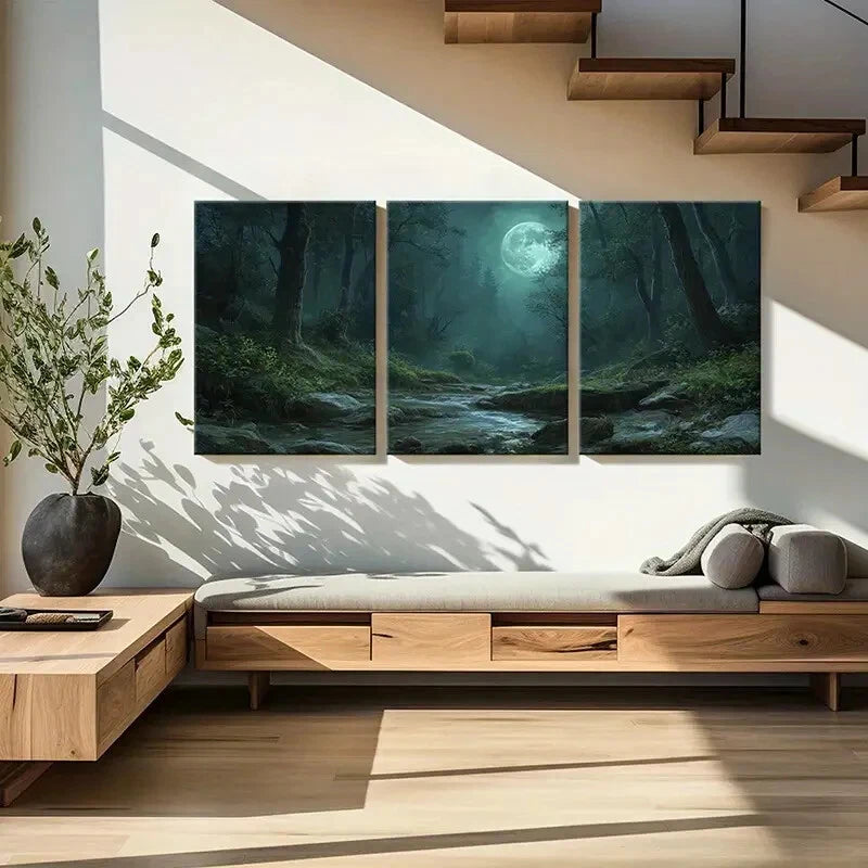 3pcs Moonlit Forest Stream Mystical Night Scene Metal Print Ready to Hang Art