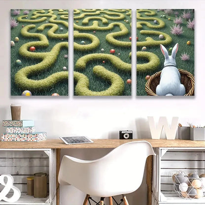 3pcs Lush Green Maze & Bunny Design Wall Art Set Canvas Framed 60x90cm - High Quality Print 100% Australian Made Wall Canvas Ready to Hang