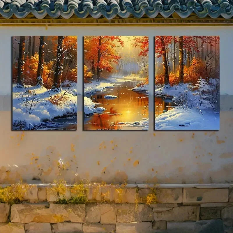 3pcs Serene Trees & Clear Water Bodies Design Metal Print Ready to Hang Art