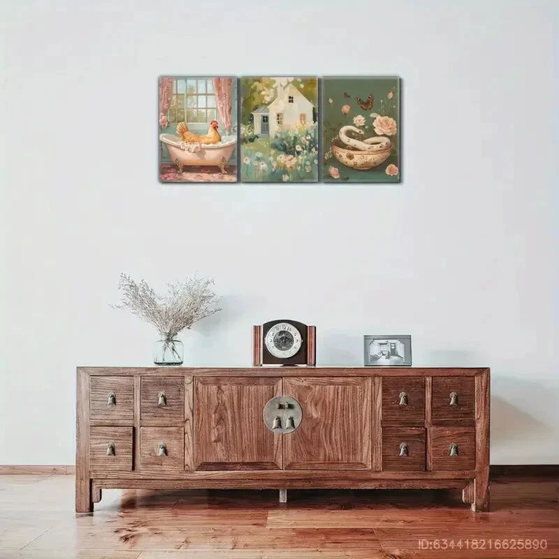 3pcs Rustic Style Snake & Chicken on Bathtub Metal Print Ready to Hang Art