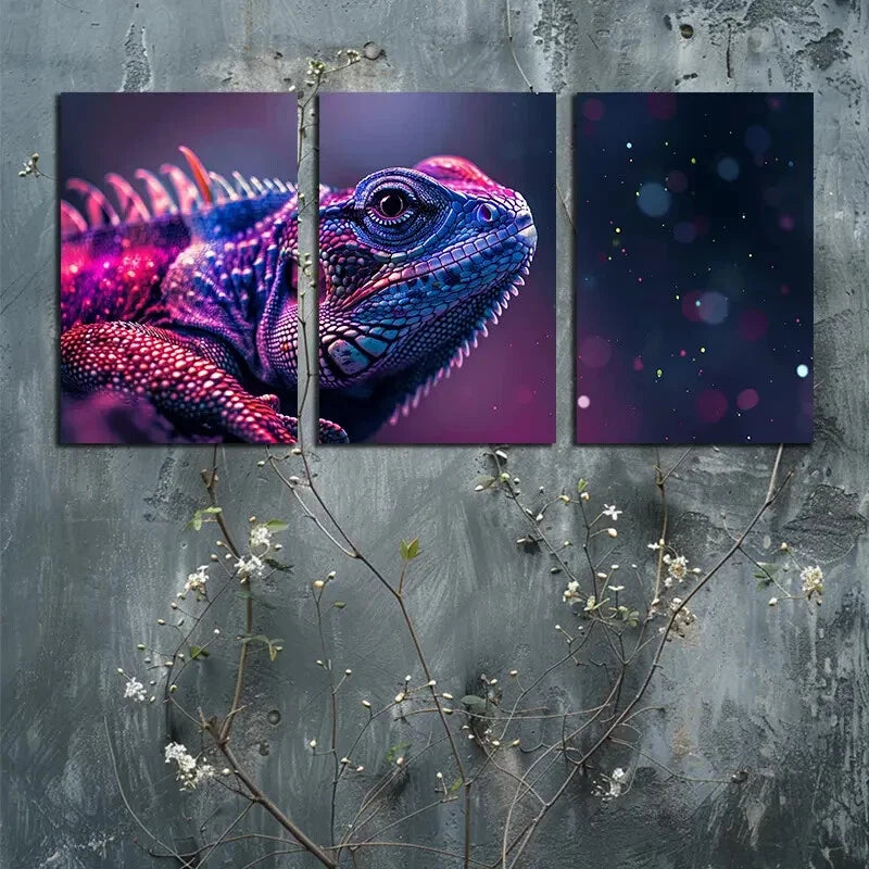 3pcs Vibrant Chameleon Illustration Metal Print Ready to Hang Art