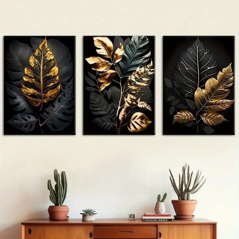 3pcs Golden Light Luxury Leaf Metal Print Ready to Hang Art
