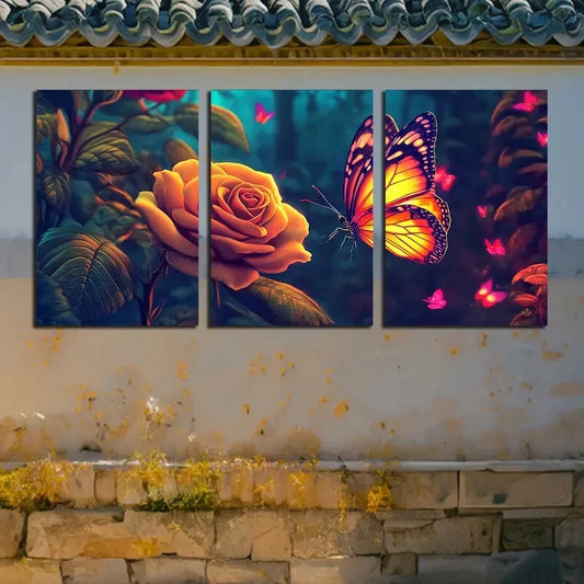 3pcs Vibrant Floral and Insect Theme Metal Print Ready to Hang Art