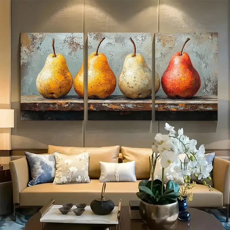 3pcs Golden Pear Fruit Still Life Metal Print Ready to Hang Art