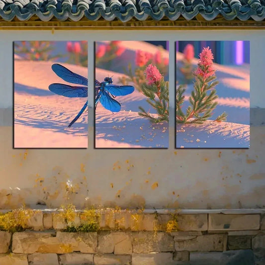 3pcs Vibrant Dragonfly in Desert Metal Print Ready to Hang Art