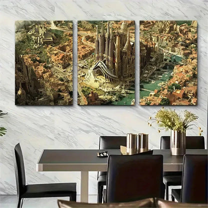 3pcs Vibrant Antoni Gaudí's Barcelona Cathedral Metal Print Ready to Hang Art