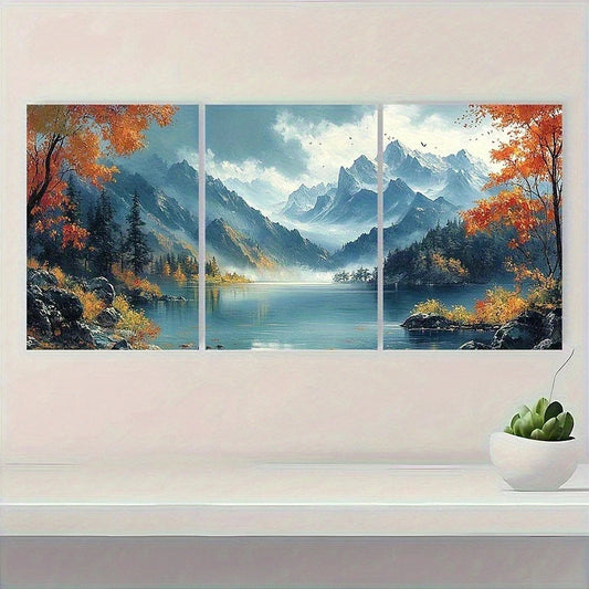 3pcs Mountain Lake Autumn Trees & Tranquil Waters Metal Print Ready to Hang Art