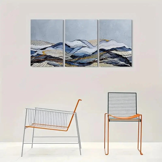 3pcs Blue and Golden Abstract Mountain Metal Print Ready to Hang Art