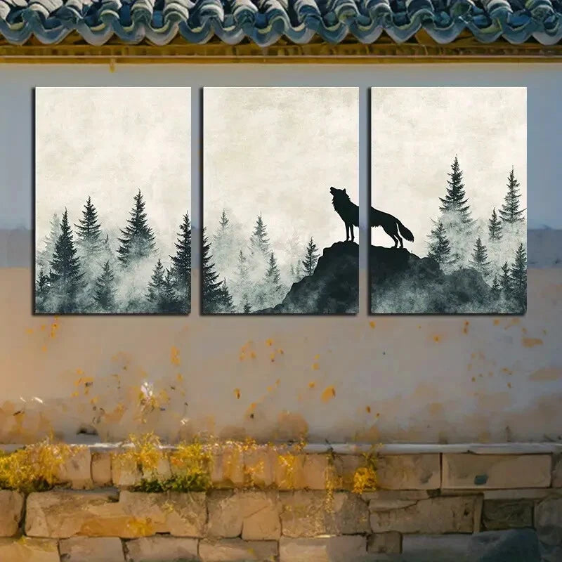 3pcs Howling Wolf Forest Silhouette Design Metal Print Ready to Hang Art
