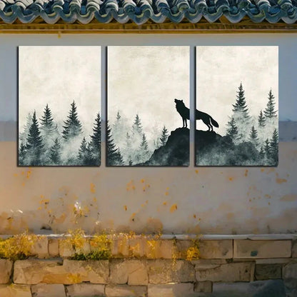 3pcs Howling Wolf Forest Silhouette Design Metal Print Ready to Hang Art