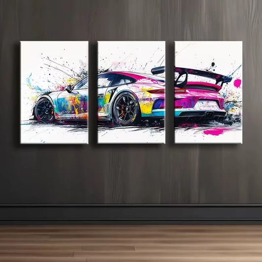 3pcs Stunning Vibrant Car Design Wall Art Set Canvas Framed 60x90cm - High Quality Print 100% Australian Made Wall Canvas Ready to Hang