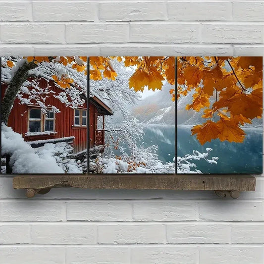 3pcs Snowy Cabin Watercolor Style Metal Print Ready to Hang Art