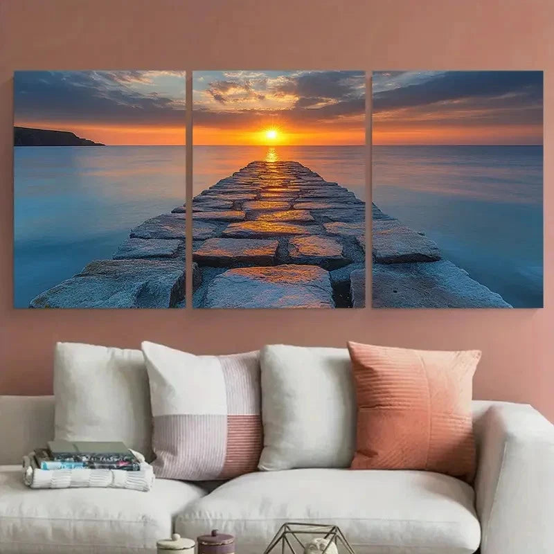 3pcs Porthleven Seascape Sun Rays Over Stone Pier Metal Print Ready to Hang Art