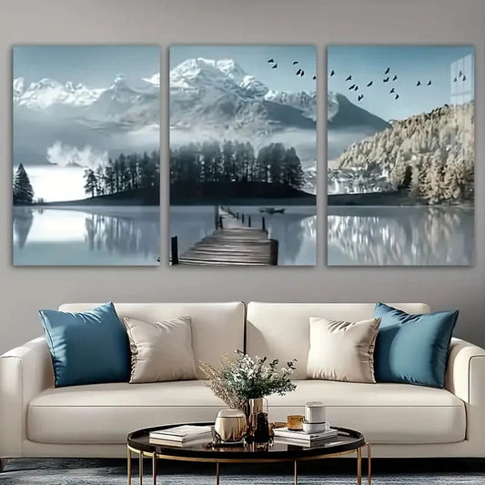 3pcs Snowy Mountains Jungle & Lake Scenery Metal Print Ready to Hang Art
