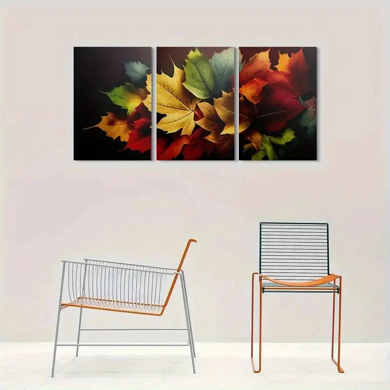 3pcs Autumn Leaves Green and Yellow Metal Print Ready to Hang Art