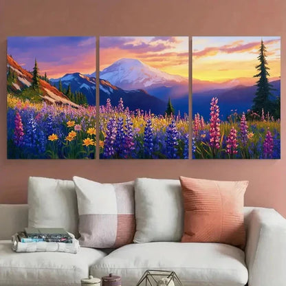 3pcs Mount Rainier Wildflower Mountain Sunset Wall Art Set Canvas Unframed - High Quality Print 100% Australian Made Wall Canvas