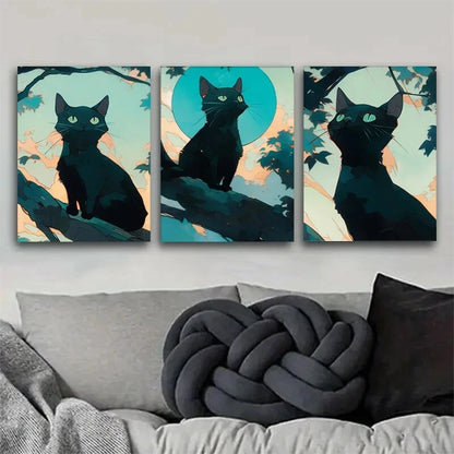 3pcs Fantasy Cat Shadow Moonlight Treetop Metal Print Ready to Hang Art