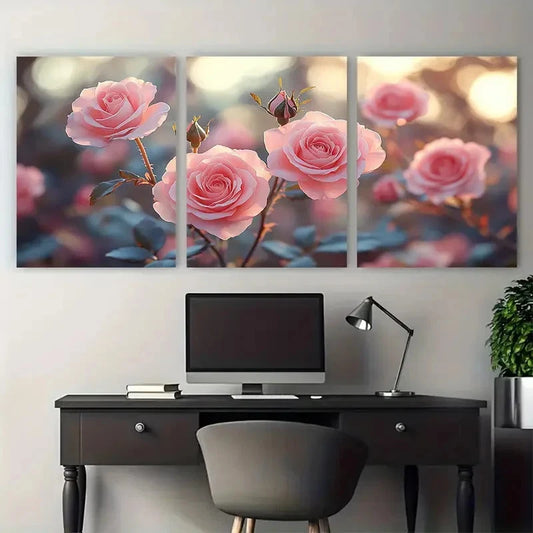 3pcs Soft Focus Blush Pink Roses Floral Design Wall Art Set Canvas Framed 50x70cm - High Quality Print 100% Australian Made Wall Canvas Ready to Hang
