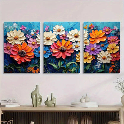 3pcs Flowers Vibrant Colourful White Blue Theme Metal Print Ready to Hang Art