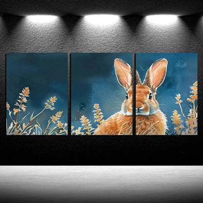3pcs Vibrant Rabbit in Floral Field Metal Print Ready to Hang Art