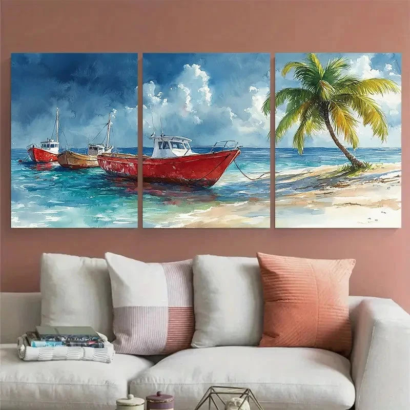 3pcs Tropical Watercolour Palm Tree & Red Sea Boat Metal Print Ready to Hang Art