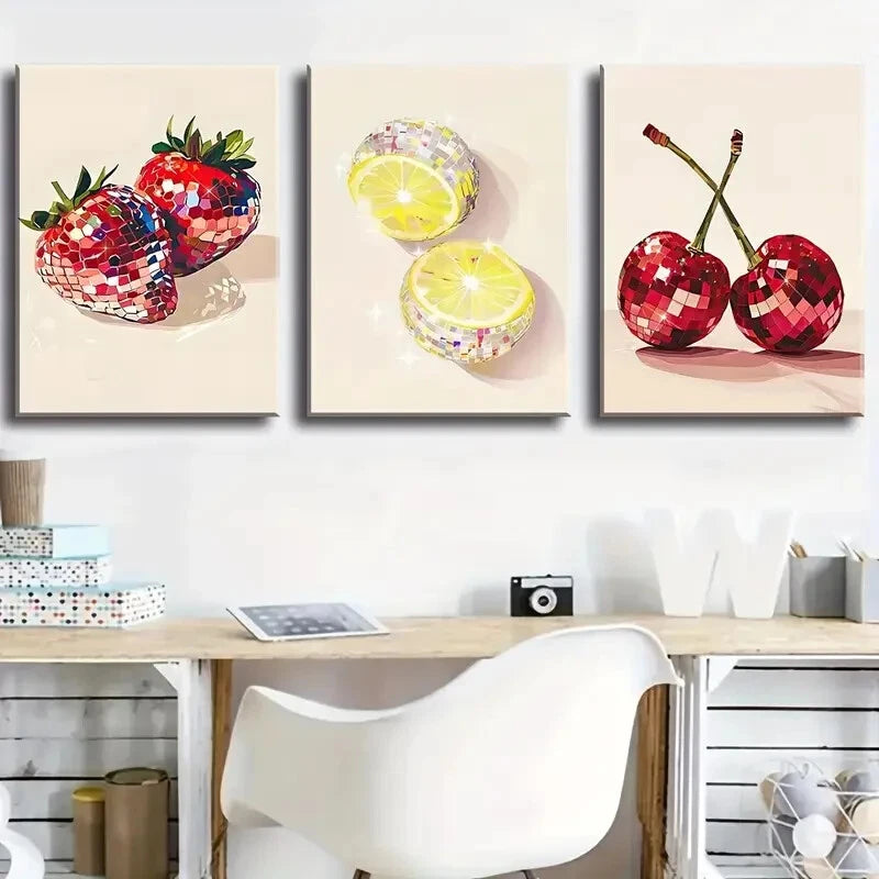 3pcs Cherry, Lemon and Strawberry  Metal Print Ready to Hang Art