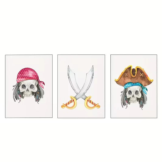 3pcs Pirate Skulls And Crossed Swords  Wall Art Set Canvas Framed 60x90cm - High Quality Print 100% Australian Made Wall Canvas Ready to Hang