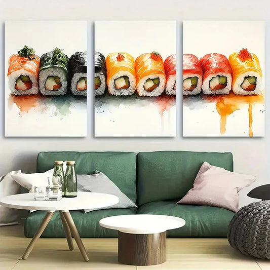3pcs Vibrant Watercolor Sushi Metal Print Ready to Hang Art