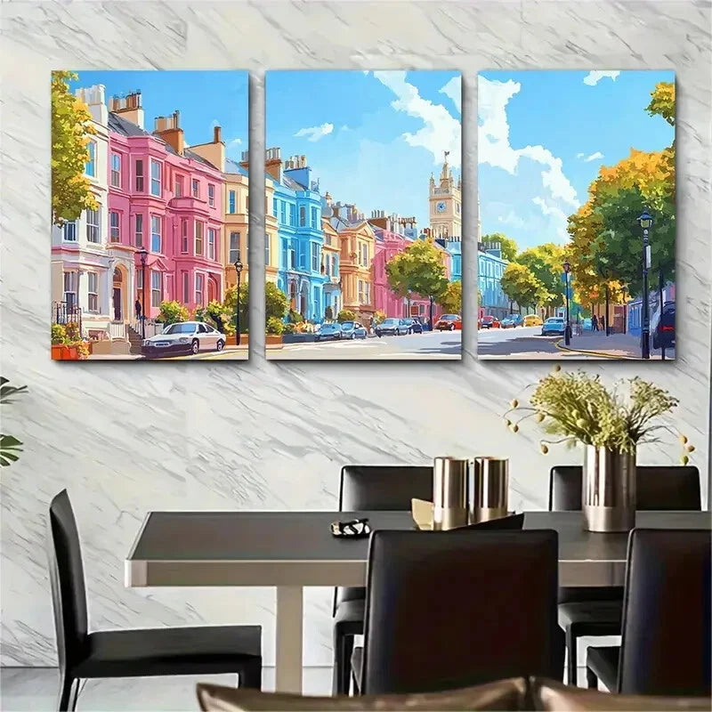 3pcs Colorful London Street Scene with Townhouse Metal Print Ready to Hang Art