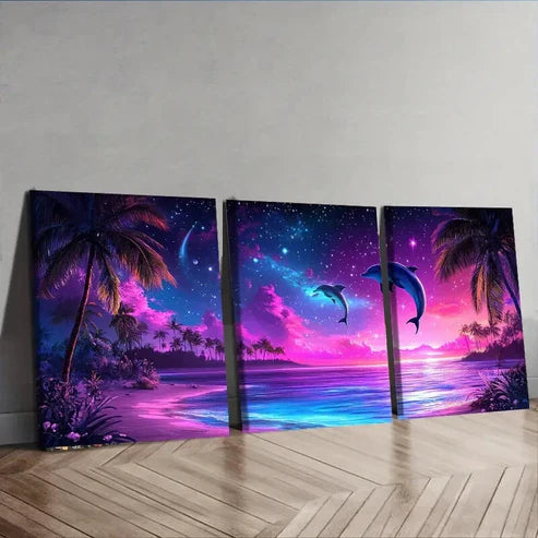 3pcs Dolphin Silhouette Under Purple Sky Ocean Wall Art Set Canvas Unframed - High Quality Print 100% Australian Made Wall Canvas