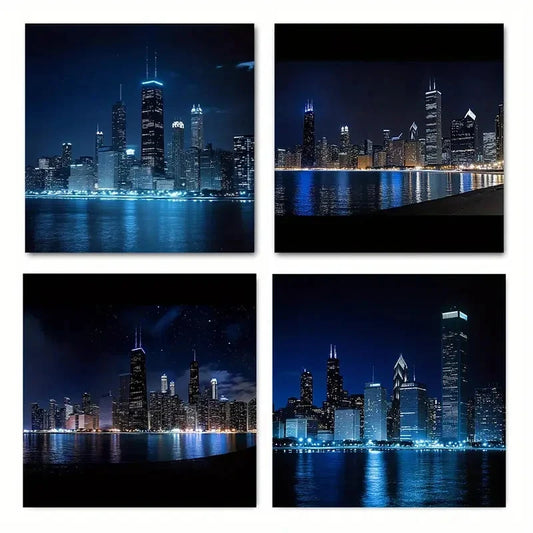 4pcs Chicago Night SkylineWall Art Canvas Framed
