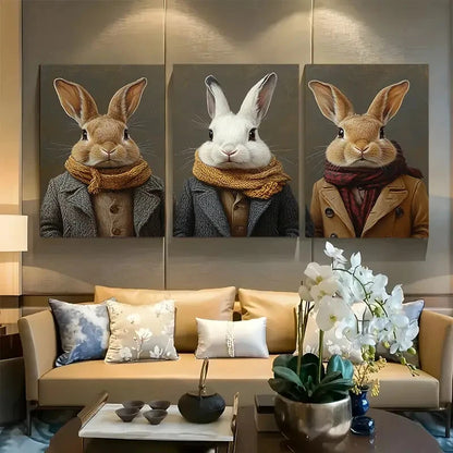 3pcs Victorian Style Rabbit Portraits Metal Print Ready to Hang Art