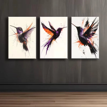3pcs Purple and Black Hummingbird Bird Paintings Wall Art Set Canvas Framed 60x90cm - High Quality Print 100% Australian Made Wall Canvas Ready to Hang