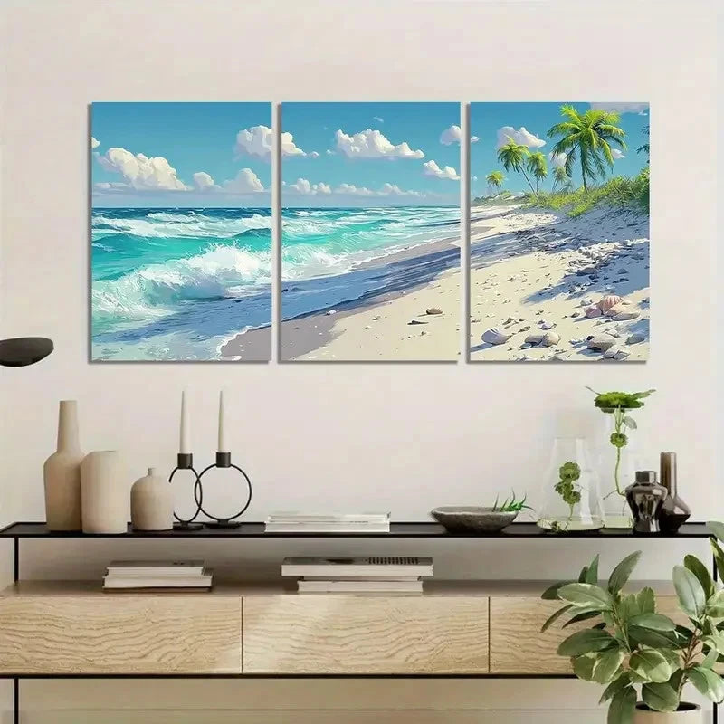 3pcs Beach with White Sand and Palm Trees Metal Print Ready to Hang Art
