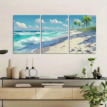 3pcs Beach with White Sand and Palm Trees Metal Print Ready to Hang Art